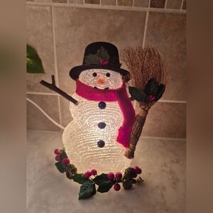 Light-Up Acrylic Snowman with Straw Broom and Black Top Hat, Vintage 1990s